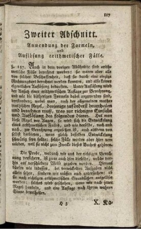 Zweiter Abschnitt Anwendung der Formel, und Auflösung arithmetischer Fälle.