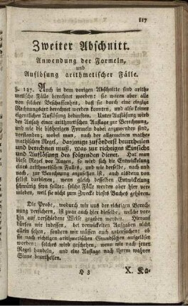 Zweiter Abschnitt Anwendung der Formel, und Auflösung arithmetischer Fälle.