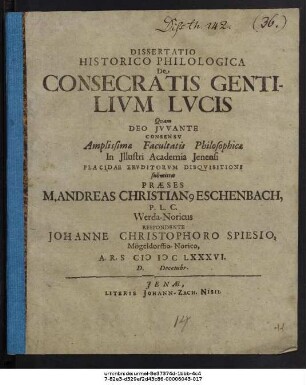 Dissertatio Historico Philologica De Consecratis Gentilium Lucis