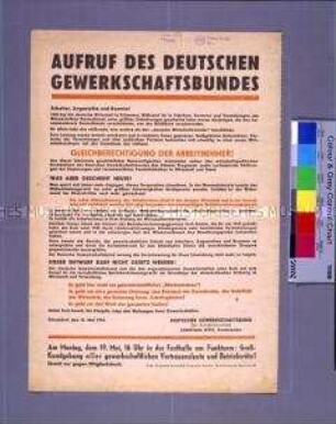 Aufruf des DGB zu einer Kundgebung für gewerkschaftliche Mitbestimmung in Berlin (West)