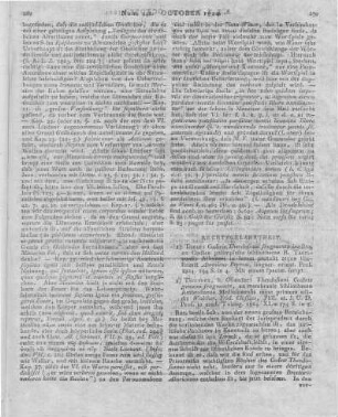 [Sammelrezension zweier Schriften zum Privatrecht] Rezensiert werden: 1. Peyron, A.: Codicis Theodosiani fragmenta inedita ex codice palimpsesto bibliothecae R. Taurinensis Athenaei. In lucem protulit atque illustravit. Turin 1824 2. Theodosius: Theodosiani Codicis Genuini Fragmenta Ex Membranis Bibliothecae Ambrosianae Mediolanensis. Hrsg. v. W. F. Clossius. Tübingen: Osiander 1824