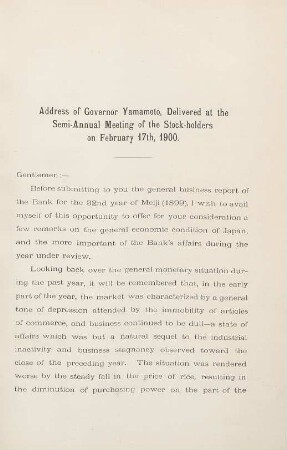Address of Governor Yamamoto, delivered at the Semi-Annual Meeting of the Stock-holders on February 17th, 1900