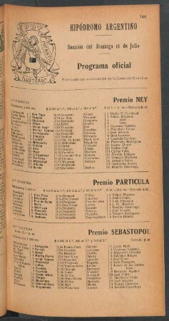 Hipódromo Argentino - Reunión del Domingo 12. de Julio [de 1908] - Programa oficial