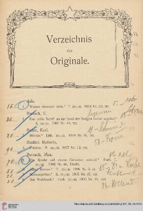 Verzeichnis der Originale (Nr. 1-439)