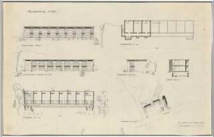 Grünanlage am Ledigen- und Schwesternheim, Marl: Schwesternheim: Südansicht, Nordansichtund Westansicht, Grundrisse Kellergeschoss und Erdgeschoss, Schnitt und Lageplan 1:100 (Zeichnung des Architekten)