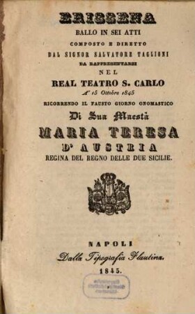 Erissena : ballo in sei atti ; da rappresentarsi nel Real Teatro S. Carlo a' 15 ottobre 1845
