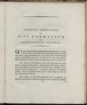 Nuperiores Observationes De Nisu Formativo Et Generationis Negotio