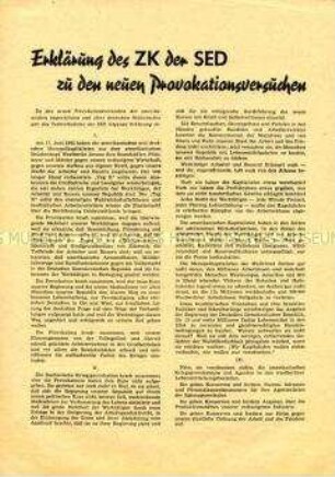 Flugblatt mit der Erklärung des ZK der SED zur Ausgabe von Lebensmitteln für DDR-Bürger in Westberlin nach dem 17. Juni 1953