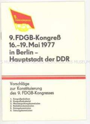 Broschüre für Teilnehmer des 9. FDGB-Kongresses