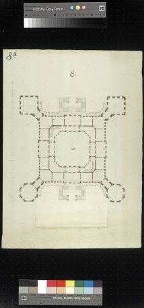 Grundriss eines quadratischen Schlossneubaus mit herausgesetzten Ecktürmen, einem achteckigem Innenhof und Variante der Freitreppe auf einer Tektur