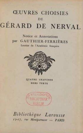 Œuvres choisies de Gérard de Nerval : quatre gravures hors texte