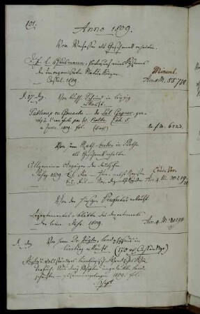 Vom Verfasser [Johann Friedrich Ludwig Hausmann] als Geschenck erhalten. - Von Buchh. Schmid in Leipzig erkauft. - Von Herrn Rath Becker in Gotha als Geschenck erhalten. - Von der hiesigen Praefectur erkauft. - Von Herrn Dr. Jugler [...] in Lüneburg erkauft.