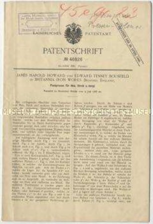 Patentschrift einer Packpresse für Heu, Stroh u. dgl., Patent-Nr. 46826