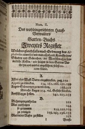 Num. II.[...] Des wohleingerichteten Hauß-Verwalters Garten-Buchs Zweytes Register[...]