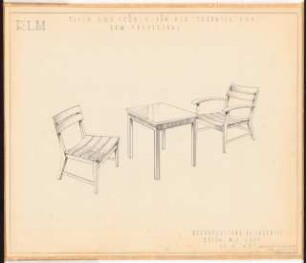 Reichsluftfahrtministerium, Berlin: Großer Speisesaal L3, Terrasse (Tisch und Stühle): Perspektivische Ansicht