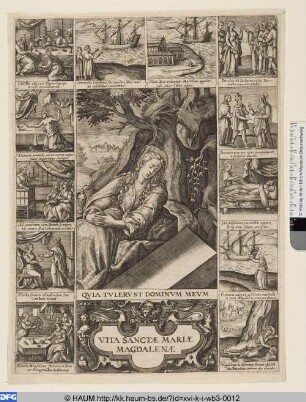 Maria Magdalena am Grabe, umgeben von 12 Bildern aus ihrem Leben