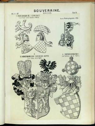 Taf. 6. Schlesien. - 1. Herzog Bolko III. v. Schweidnitz. (n.d. Siegel seiner Gemahlin Agnes.) - Aus der Hedwigslegende v. 1353. - 3. Des Münsterbergischen Fürstentums Wappen. (n.d. Schles. W.-B.) 1577.) - 4. Niederschlesien. (n.d. Schles. W.-B. 1577.)