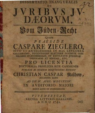 Disputatio inauguralis, quam de iuribus Iudaeorum ...
