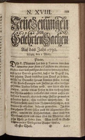 N. XVIII. Leipzig, den 2 Mertz. - N. XXVI. Leipzig, den 30 Mertz.