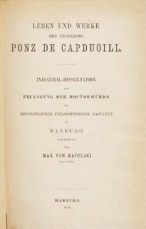 Leben und Werke des Trobadors Ponz de Capduoill