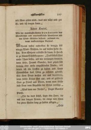 Achtes Kapitel. Wie der mannhafte Ritter Don Quixote das schrecklichste und unerdenklichste Abentheuer mit den Wind-Mühlen bestund, zusammt anderm denkwürdigen Verlauf.