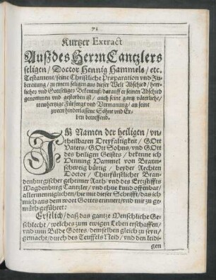 Kurtzer Extract Auß des Herrn Cantzlers seligen/ Doctor Hennig Hammels/ etc. Testament ...