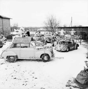 Karneval: Freiwillige Feuerwehr Todendorf: Festumzug durch die Orte des Amtes Mollhagen: Startplatz auf Bauerngehöft von Fritz Burmeister: geschmückte Pkws: Winter