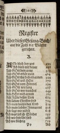 Register Uber dieses Gesang-Buch/ auf die Zahl der Blätter gerichtet.
