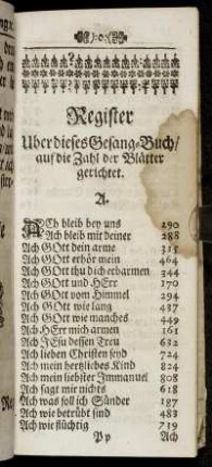Register Uber dieses Gesang-Buch/ auf die Zahl der Blätter gerichtet.