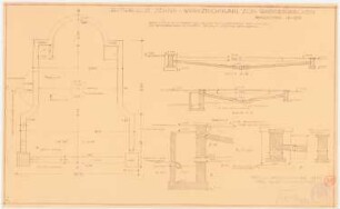 Rittergut Zehna bei Güstrow: (Lichtpause von Inv.-Nr. 41214): Konstruktionszeichnung für das Wasserbecken im Vorgarten: Grundriss, Längsschnitt, Querschnitt und 3 Detailschnitte 1:50 / 1:20, mit Bemaßungen und weiteren Konstruktion