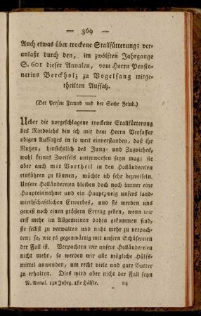 Auch etwas über trockene Stallfütterung veranlaßt durch den, im zwölften Jahrgange S. 601 dieser Annalen, von Herrn Pensionarius Berckholz zu Vogelsang mitgetheilten Aufsatz