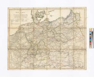 Postkarte von Deutschland und Nachbarländern, 1:2 100 000, um 1813 : Neueste Post-Karte durch ganz Deutschland und Frankreich bis Paris, durch Ober-Italien, Oestreich, Ungarn, Preussen, Pohlen und Daenemark = Nouvelle Carte itinéraire comprénant toute l'Allemagne, l'Autriche, la Hongrie, la Prusse, la Pologne et le Danemarc ainsi qu'une partie de France jusqu'à Paris et l'Italie supérieure / gestochen von Jäck, die Post-Course eingetragen von C. F. Klöden. - [Ca. 1:2.100.000]. - Berlin : Schropp ; Paris : Piequet , 1813. - 1 Kt. : Kupferstich ; 60 x 76 cm. - Ohne Maßstabsangabe. - Titel oben links. - Nullmeridian: Ferro. - Mit Entfernungsangaben