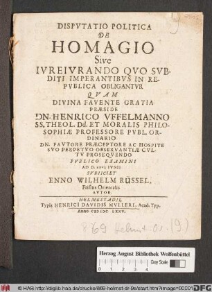 Disputatio Politica De Homagio Sive Iureiurando Quo Subditi Imperantibus In Republica Obligantur