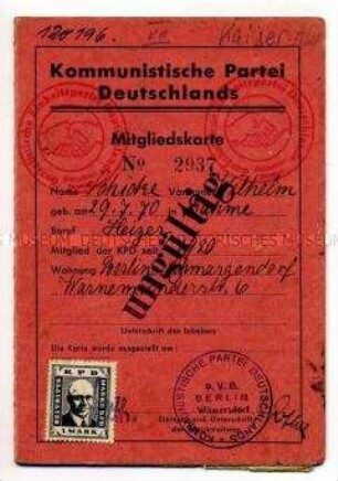 Mitgliedskarte KPD von Wilhelm Schicke