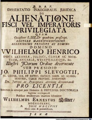 Diss. inaug. iur. de alienatione fisci vel imperatoris privilegiata