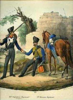 Uniformdarstellung, Unteroffizier des 28. Infanterie-Regiments, Husar des 9. Husaren-Regiments, Preußen 1830. Aus: Elzholz u.a.: Das Preussische Heer. Tafel 62.