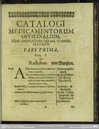 Catalogi Medicamentorum Officinalium, Tam Simplicium quam Compositorum Pars Prima