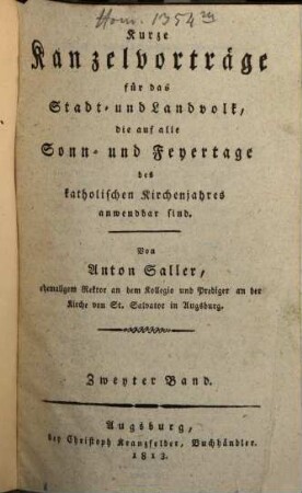 Kurze Kanzelvorträge für das Stadt- und Landvolk, die auf alle Sonn- und Feiertage des katholischen Kirchenjahres anwendbar sind, 2