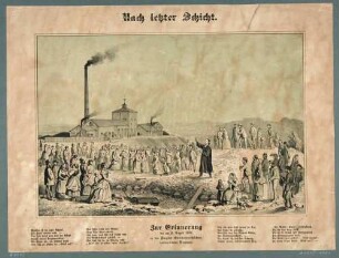 Gedenkblatt für die bei der Schlagwetterexplosion am 2. 8. 1869 verunglückten Bergleute mit Abbildung von Beisetzungen vor dem Gottes-Segen-Schacht