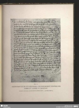 Handschriftliche Bücheranzeige des Handschriftenhändlers Diebolt Lauber in Hagenau