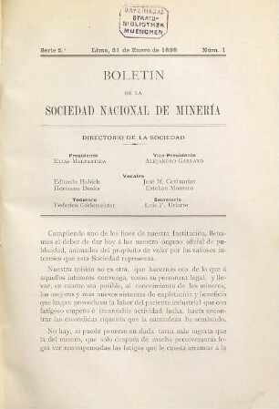 Boletín de la Sociedad Nacional de Minería. 1 = No. 1/12. 1898