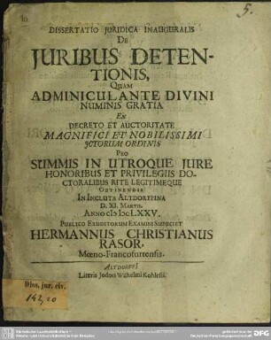 Dissertatio juridica inauguralis: De juribus detentionis