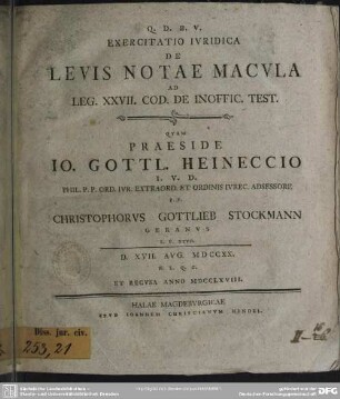Exercitatio Iuridica De Levis Notae Macula : Ad Leg. XXVII. Cod. De Inoffic. Test.