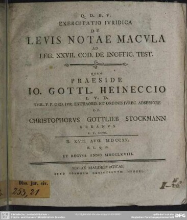 Exercitatio Iuridica De Levis Notae Macula : Ad Leg. XXVII. Cod. De Inoffic. Test.