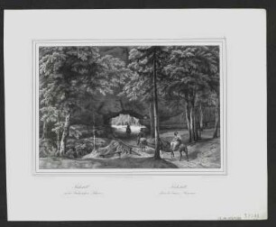 Ansicht vom Kuhstall in der Sächsischen Schweiz, Lithographie, um 1840 : Kuhstall in der Sächsischen Schweiz = Kuhstall dans la Suisse Saxonne / N. d. Natur u. auf Stein gez. v. Lütke. - Berlin : Schroeder ; Berlin : Königl. Lith. Institut , [um 1840?]. - 1 Kunstbl. : Lithographie ; 22 x 15 cm