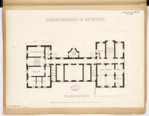 Kreiskrankenhaus, Insterburg Monatskonkurrenz November 1885: Grundriss Keller mit Variante; Maßstabsleiste
