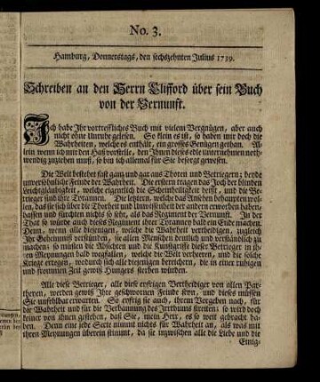 No. 3. Hamburg, Donnerstags, den sechzehnten Julius 1739.