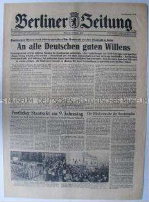 Tageszeitung "Berliner Zeitung" u.a. zur Regierungserklärung von Otto Grotewohl anlässlich des Jahrestages der DDR