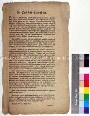 Kollaborationsaufruf des preußischen Generals von Blücher an die Einwohner Sachsens zum Kampf gegen französische Truppen und Unterdrückung