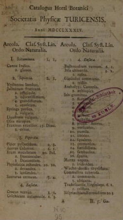 Catalogus horti botanici Societatis physicae Turicensis anni 1784